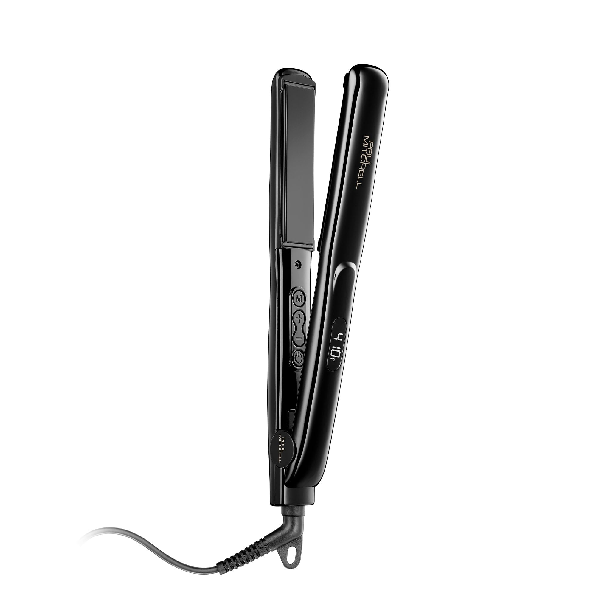 Paul Mitchell Style+ 1-inch ceramic flat iron front view highlights sleek design for quick styling and fast results.