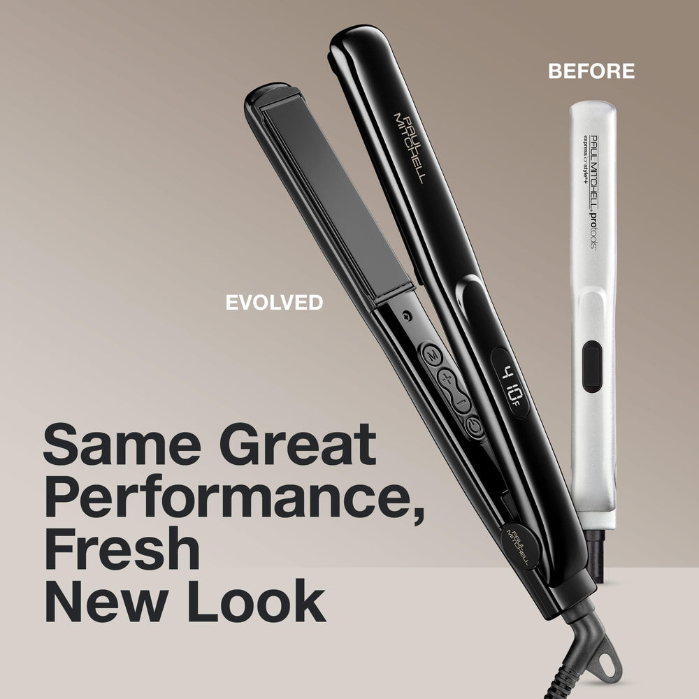 Paul Mitchell Style+ 1-inch ceramic flat iron heat display emphasizes precise temperature control for consistent results.