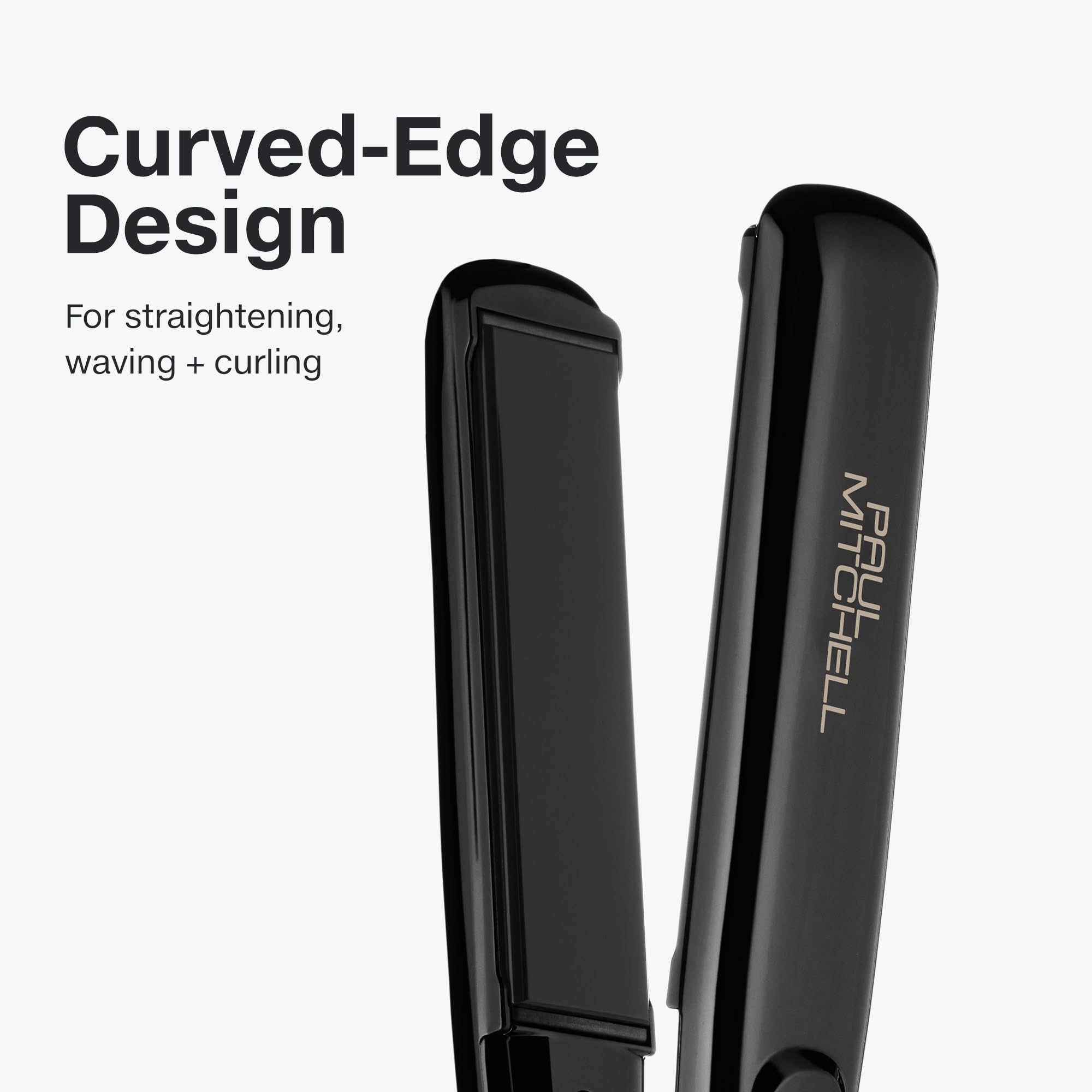 Paul Mitchell Style+ 1-inch ceramic flat iron rounded-tip closeup demonstrates versatile straight or curling capabilities.