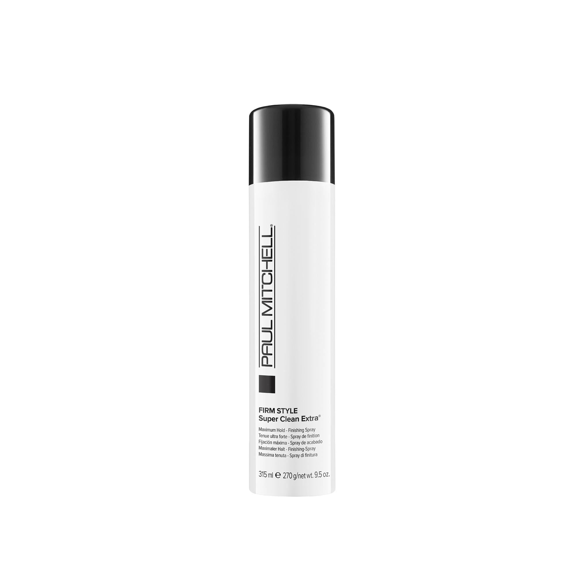 Paul Mitchell Super Clean Extra Hairspray packaging showcases a fast-drying, long-lasting finish.