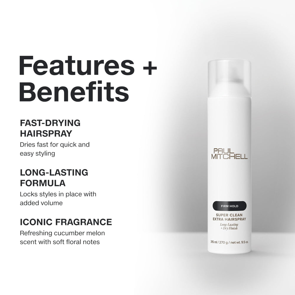 Paul Mitchell Super Clean Extra Hairspray spray action delivers rapid styling results.