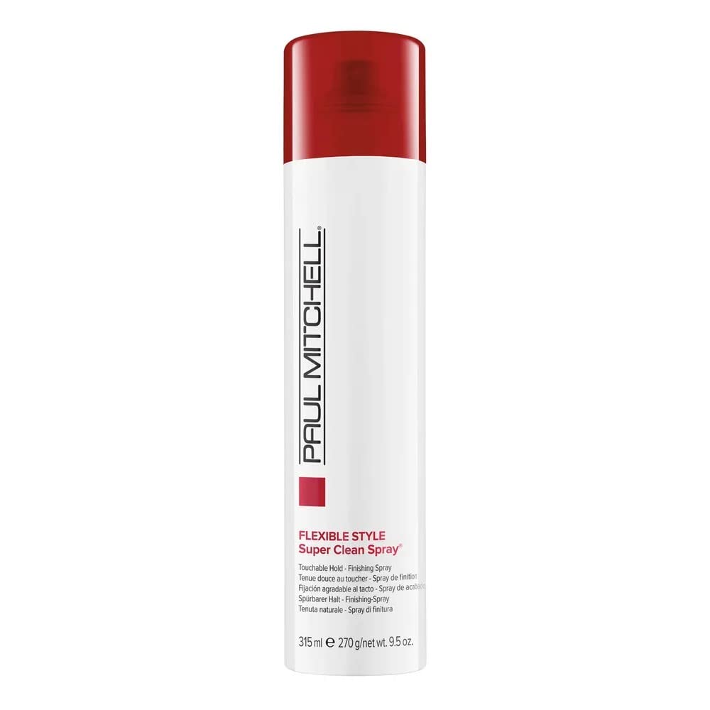 Paul Mitchell Super Clean Hairspray bottle closeup shows fast-drying, touchable hold.
