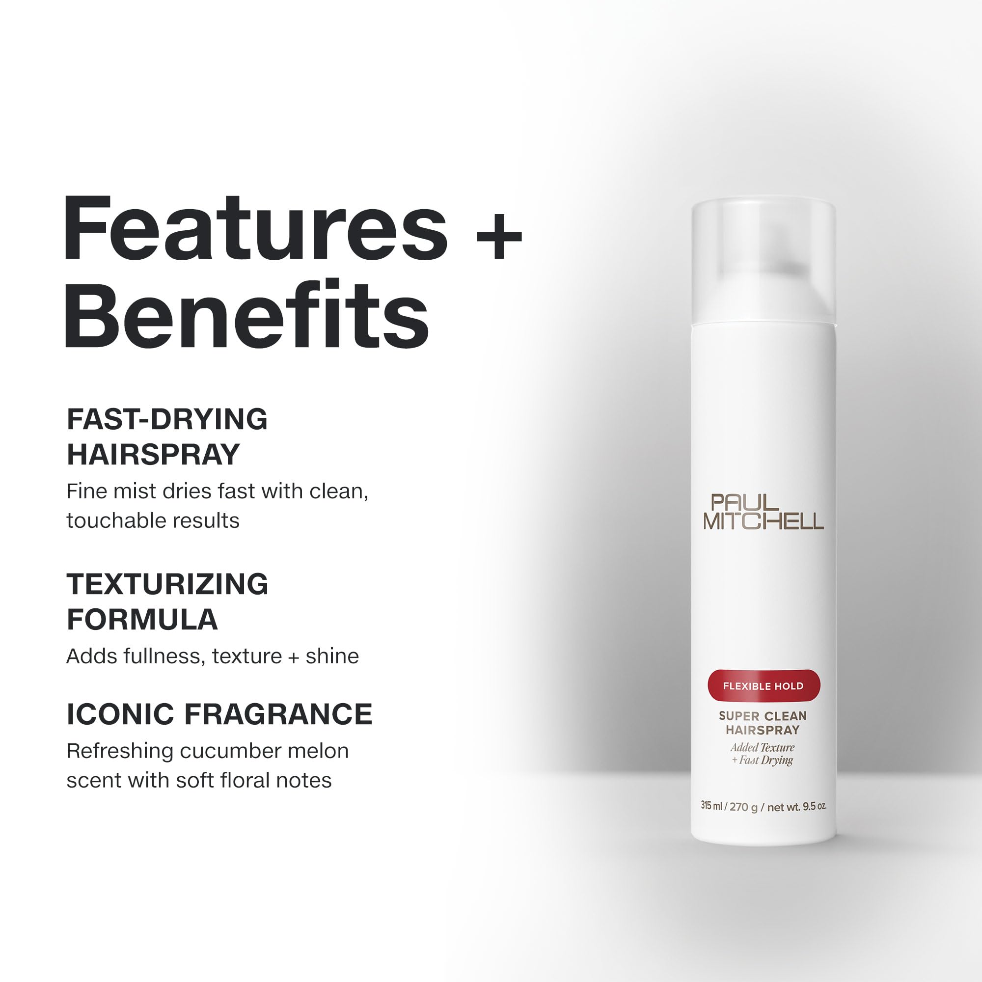 Paul Mitchell Super Clean Hairspray mist spray captures lightweight hold and brushing ease.