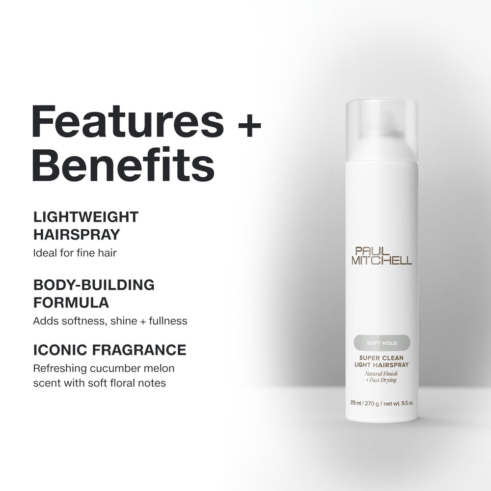 Paul Mitchell Super Clean Light Hairspray aerosol spray creates a clean, natural finish.