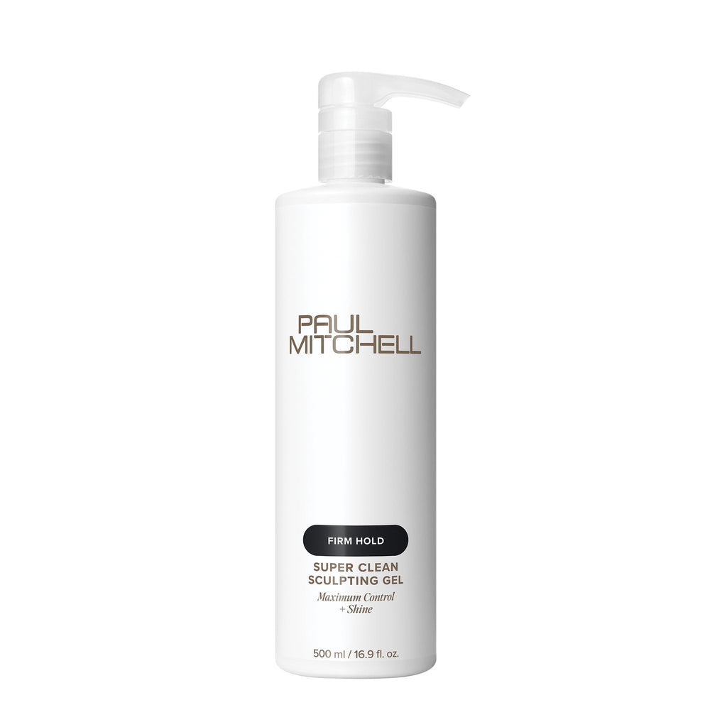 Paul Mitchell Super Clean Sculpting Gel bottle closeup showing firm hold and shine
