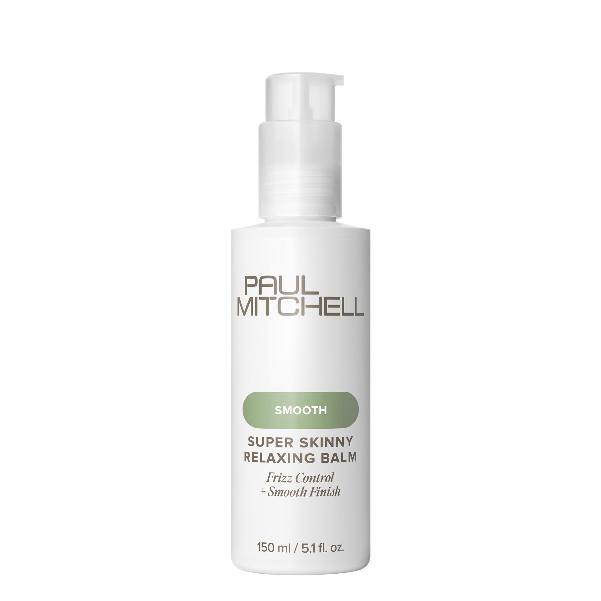 Paul Mitchell Super Skinny Relaxing Balm bottle pouring shows heat protection during styling.