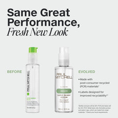 Paul Mitchell Super Skinny Serum bottle closeup highlights heat protection and performance.