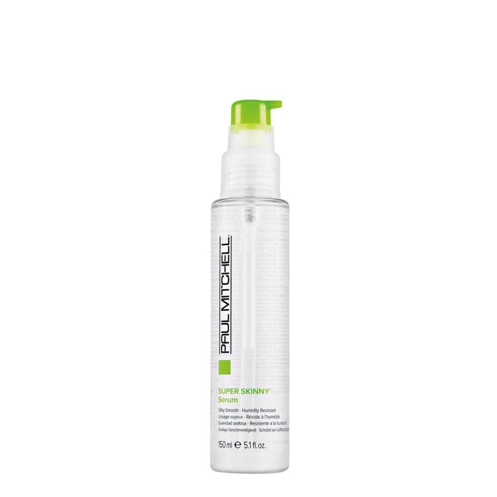 Paul Mitchell Super Skinny Serum bottle pour demonstrates easy application for quick styling.