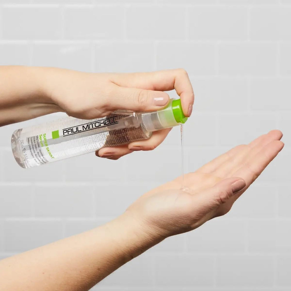 Paul Mitchell Super Skinny Serum on dried hair shows frizz control and shine.