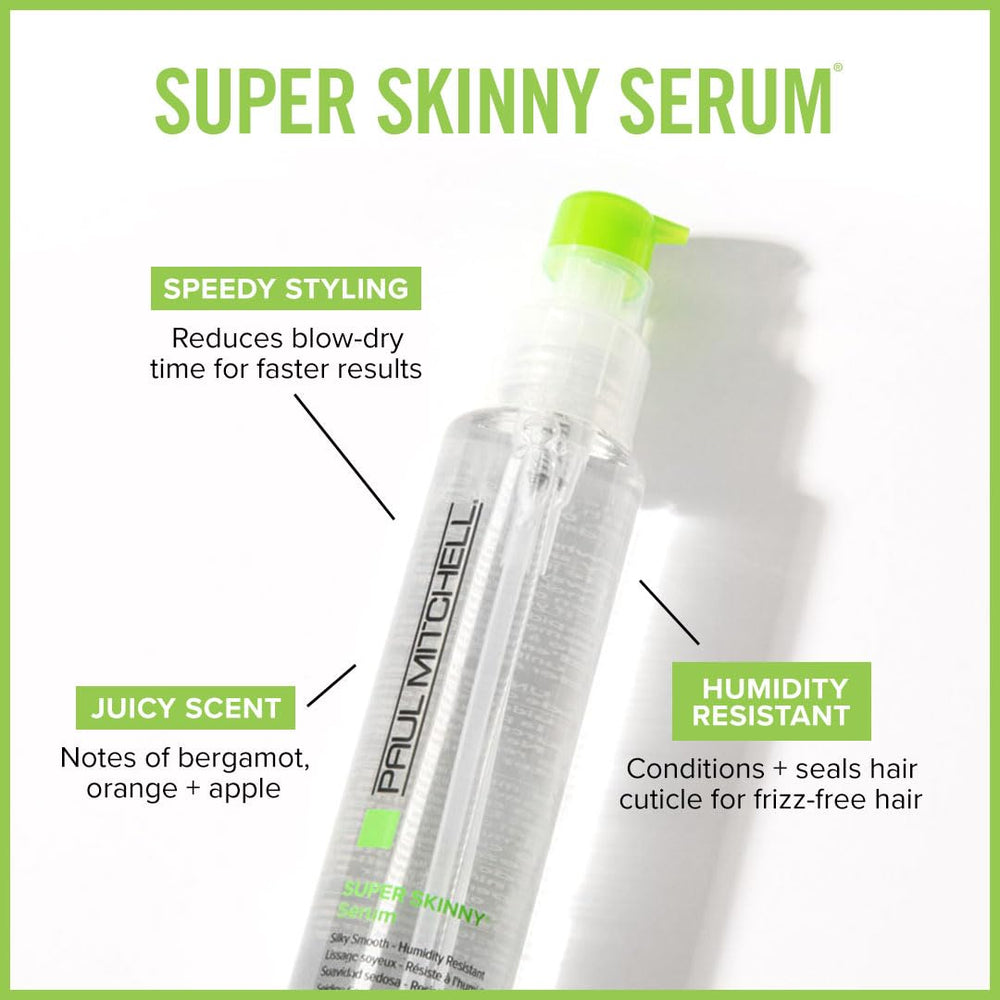 Paul Mitchell Super Skinny Serum pump demonstrates effortless dispensing for rapid styling.