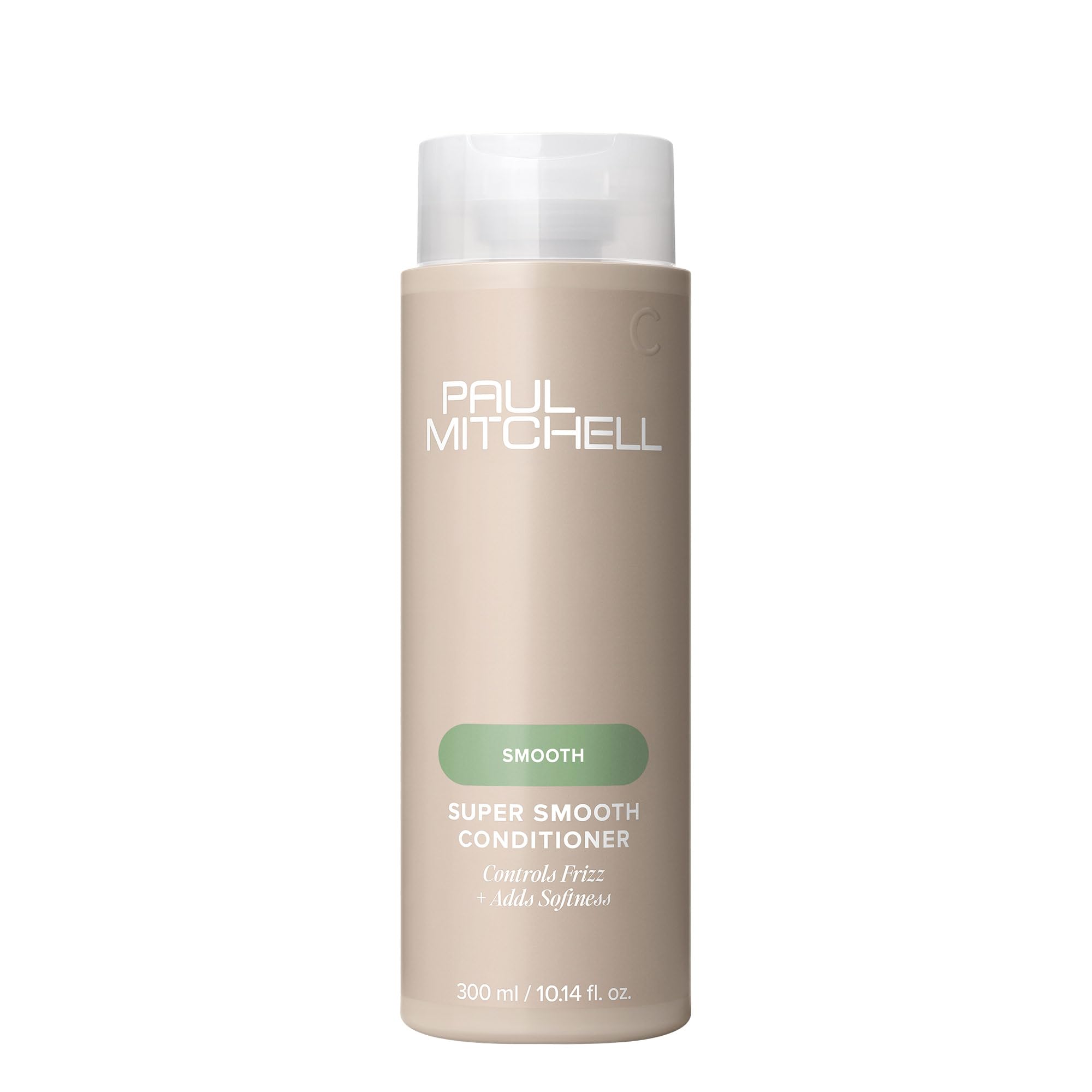 Paul Mitchell Super Smooth conditioner bottle closeup for frizz control and sleek hair