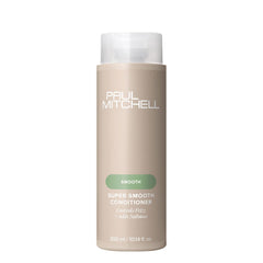 Paul Mitchell Super Smooth conditioner bottle closeup for frizz control and sleek hair