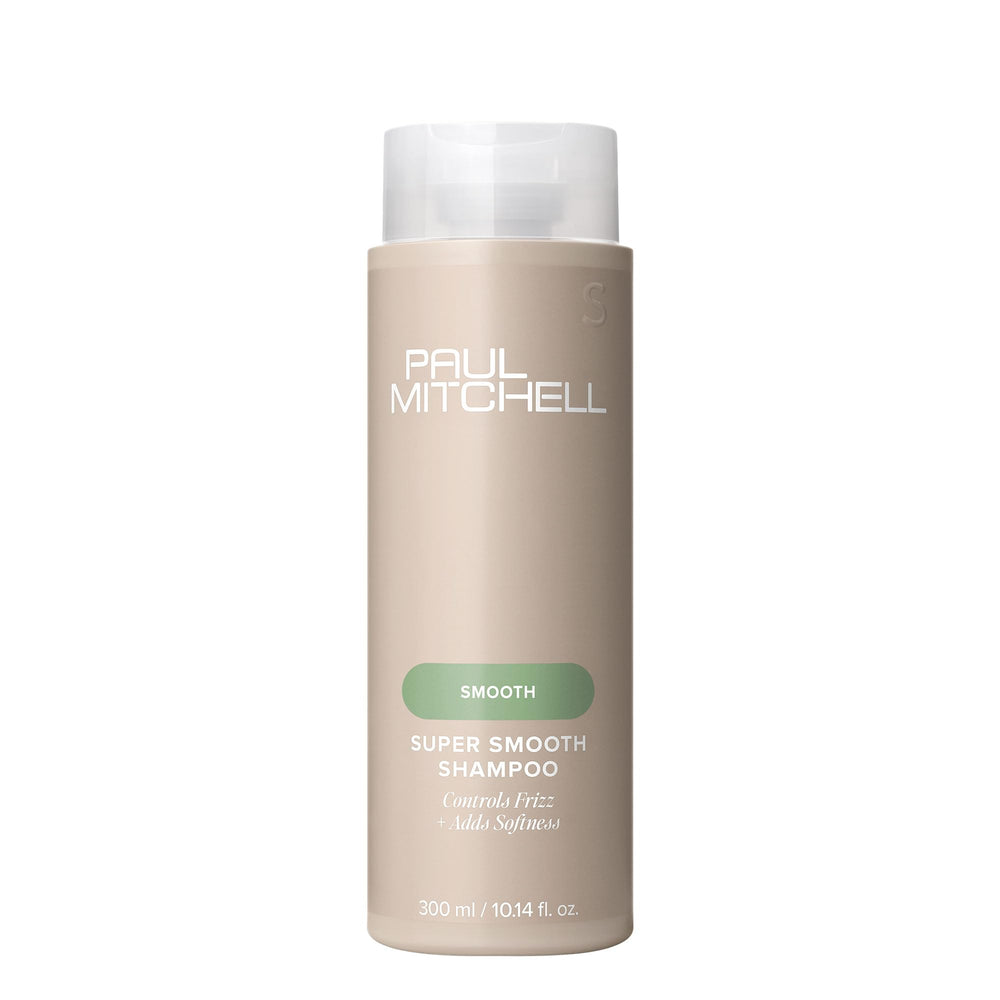 Paul Mitchell Super Smooth Shampoo bottle emphasizes frizz control and smoother hair.