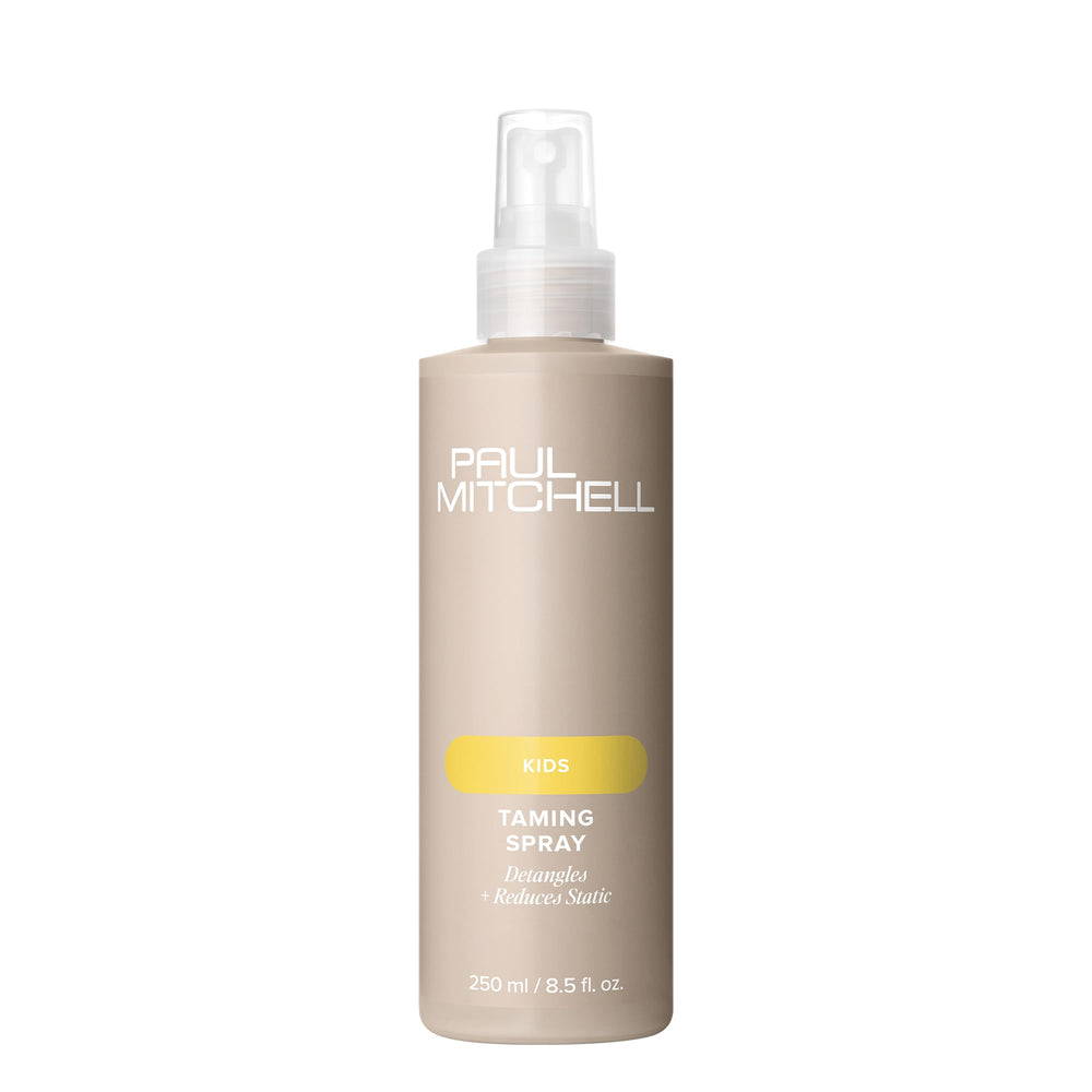 Paul Mitchell Taming Spray bottle shows gentle detangling for kids' hair.