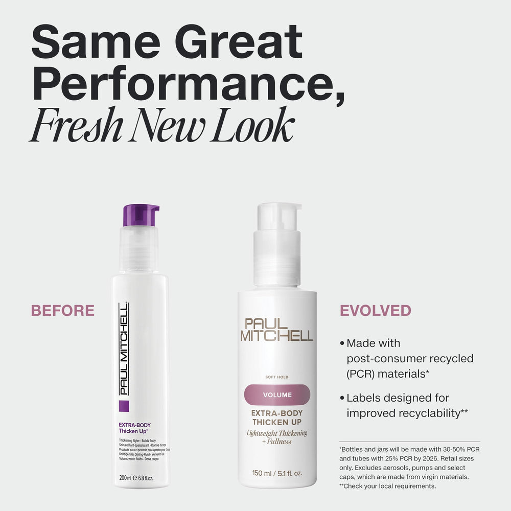 Paul Mitchell Thicken Up on damp hair delivers volumized, shiny results.
