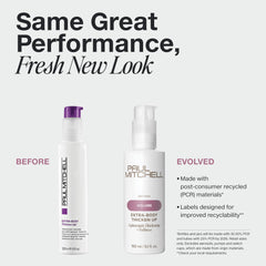 Paul Mitchell Thicken Up on damp hair delivers volumized, shiny results.