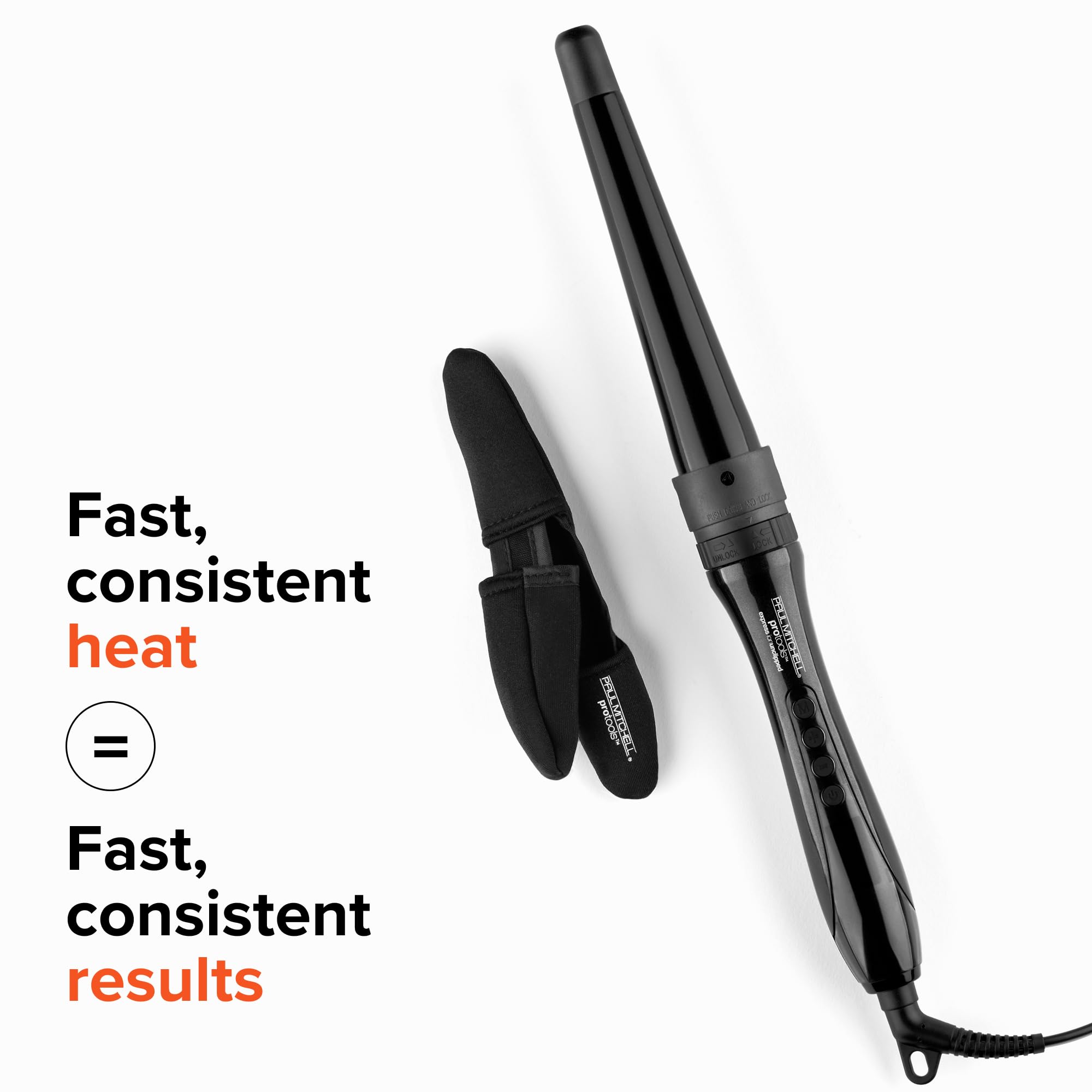 Wrap-and-release curling method on Paul Mitchell wand highlights hair protection.