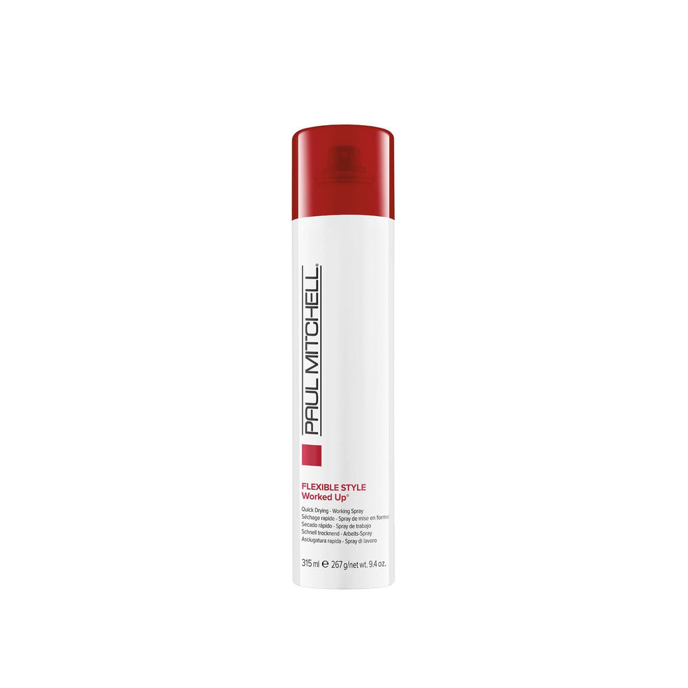Paul Mitchell Worked Up Hairspray bottle front shows flexible memory and brushable hold.