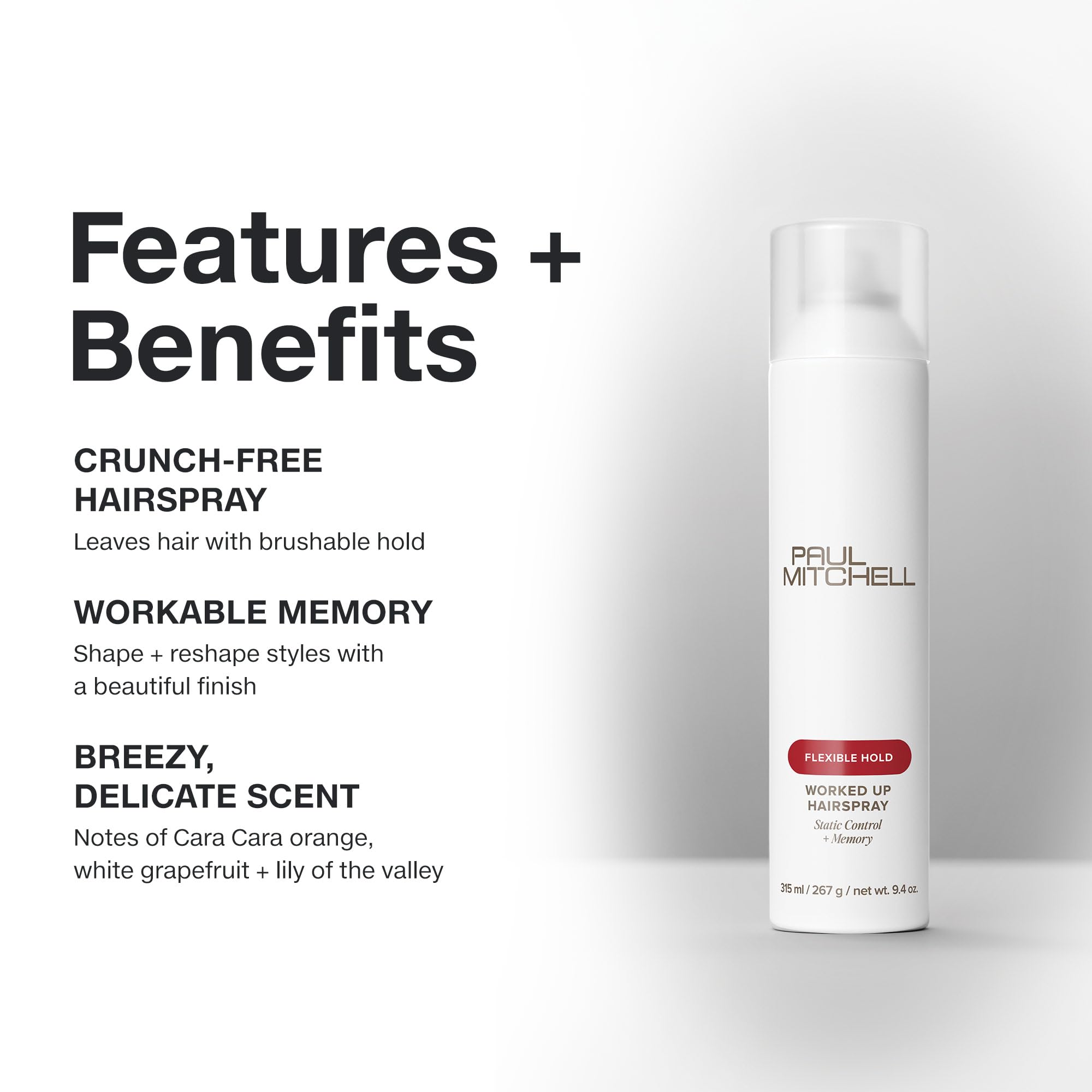 Paul Mitchell Worked Up Hairspray spray mist applied for buildable volume.