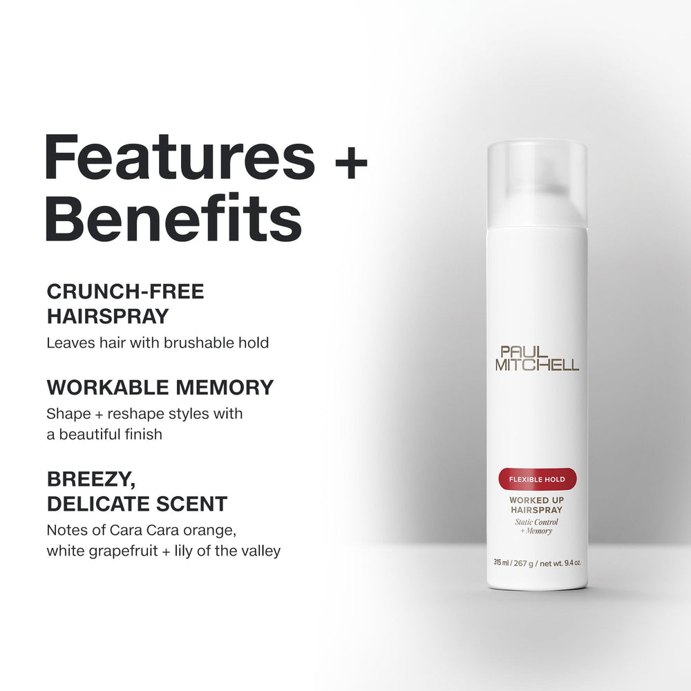 Paul Mitchell Worked Up Hairspray spray mist applied for buildable volume.