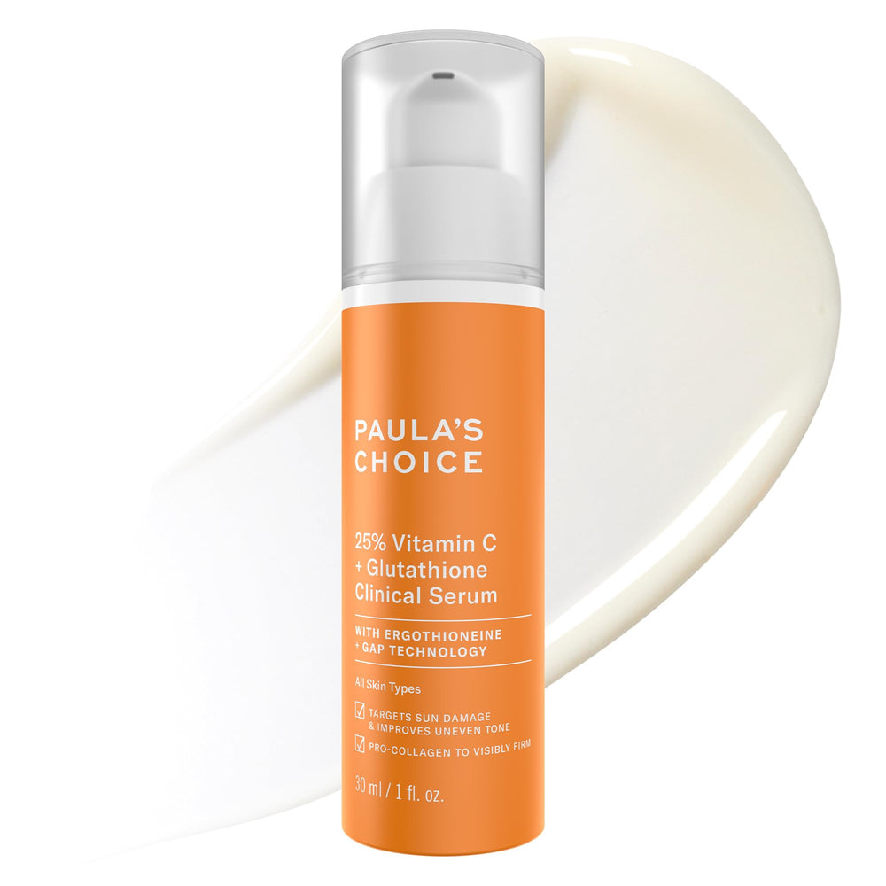 Paula's Choice 25% Vitamin C Serum bottle highlights brightening potential.