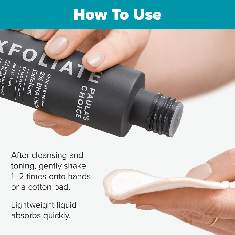 Paula's Choice 2% BHA exfoliant bottle pour—easy daily application.
