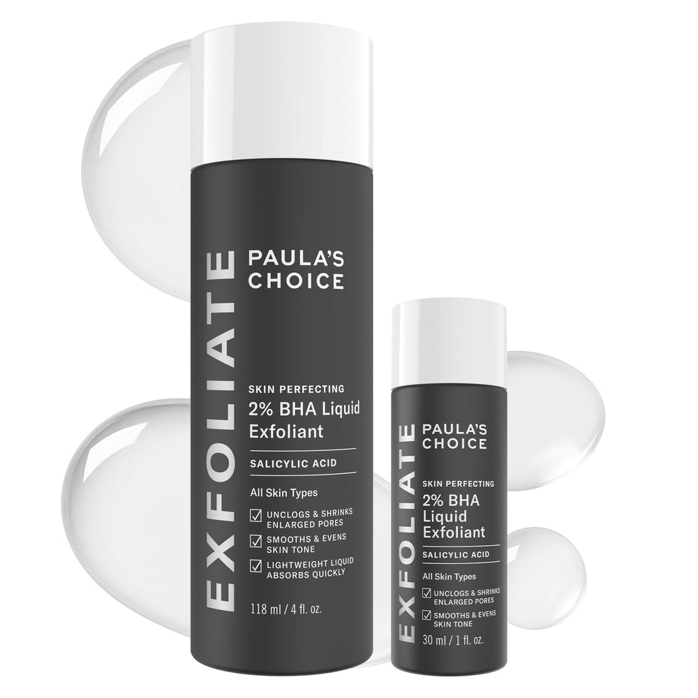 Paula's Choice 2% BHA exfoliant bottle—unclogs pores for smoother skin.