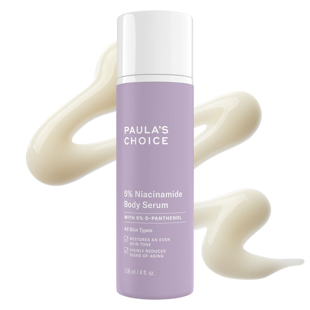 Paula's Choice 5% Niacinamide Body Treatment bottle promotes even tone and fragrance-free use
