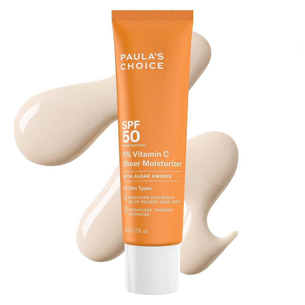 Paula's Choice 5% Vitamin C sheer sunscreen bottle closeup demonstrates weightless sun protection.