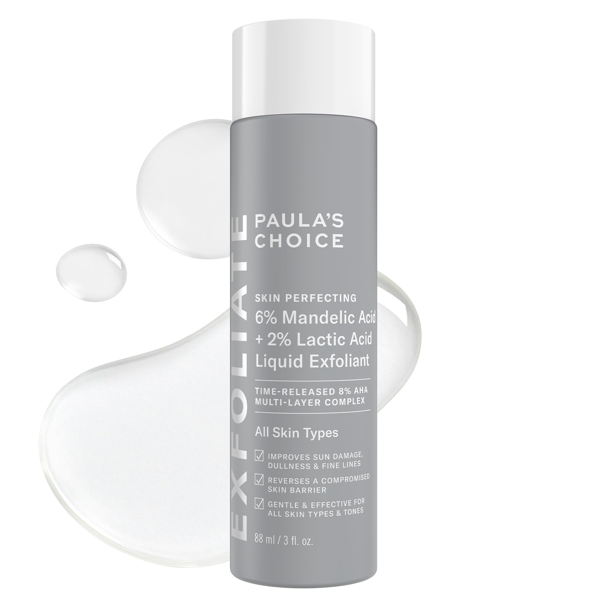 Paula's Choice mandelic-lactic exfoliant bottle close-up showing gentle daily resurfacing