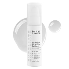 Paula's Choice 8% AHA Exfoliant bottle with clear gel for smoother skin.