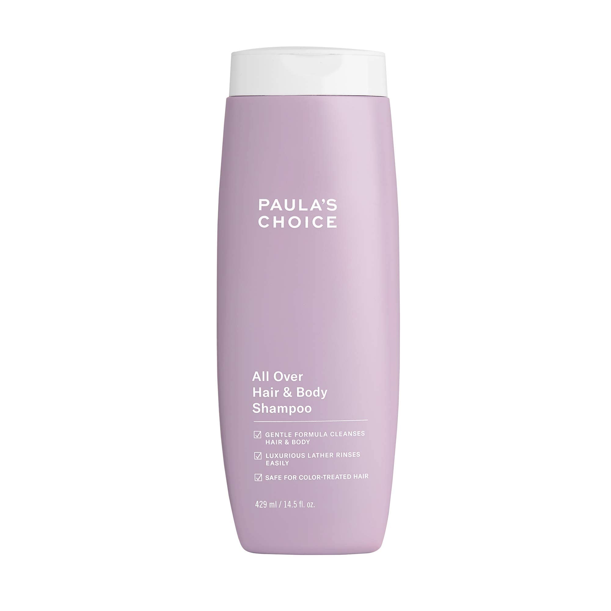Paula's Choice All Over Hair & Body Shampoo bottle; fragrance-free formula for sensitive skin.