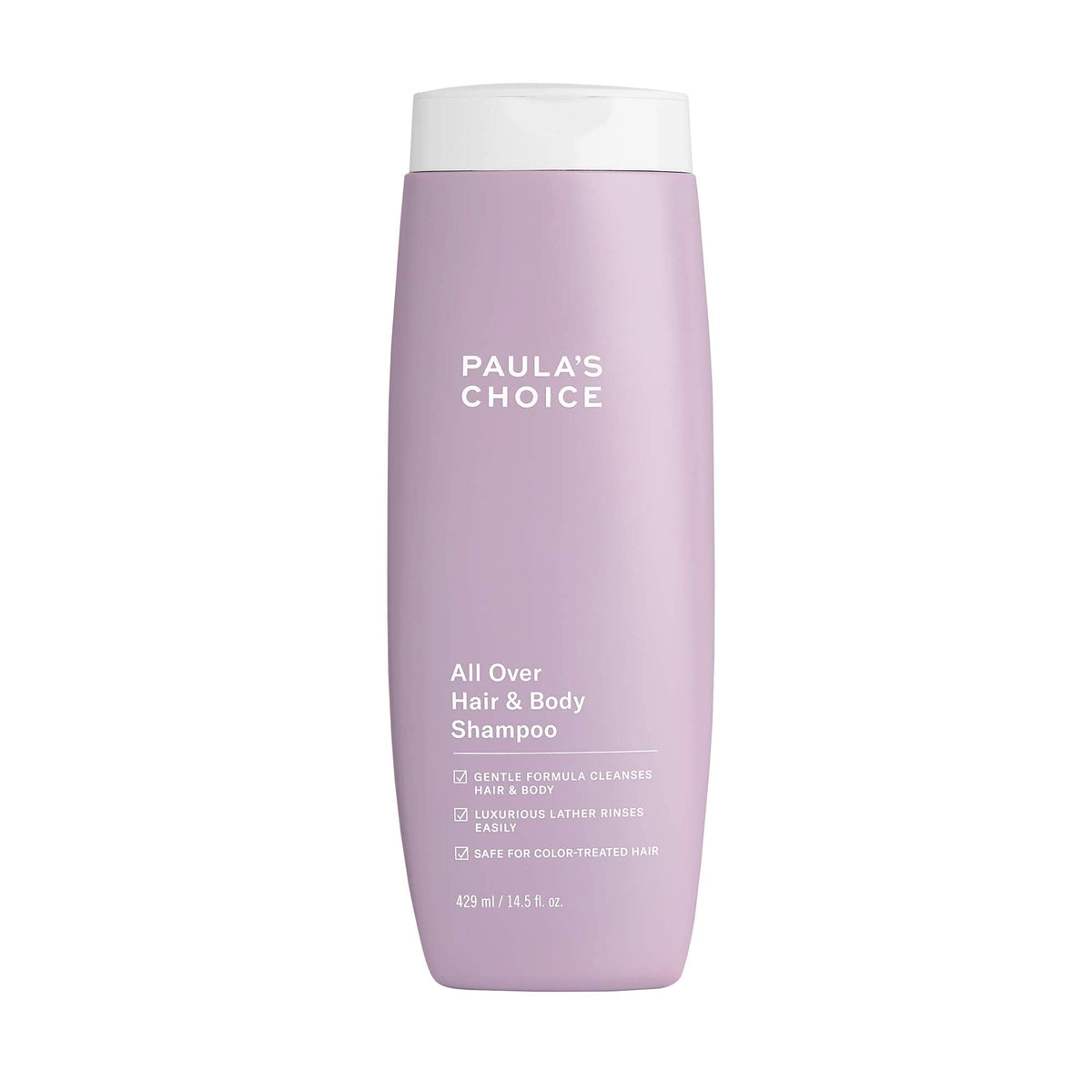 Paula's Choice All Over Hair & Body Shampoo bottle; fragrance-free formula for sensitive skin.