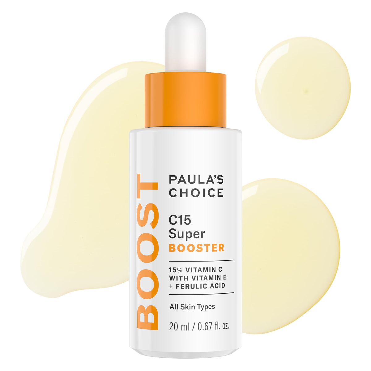 Paula's Choice BOOST C15 serum bottle close-up showing fragrance-free formula for sensitive skin.