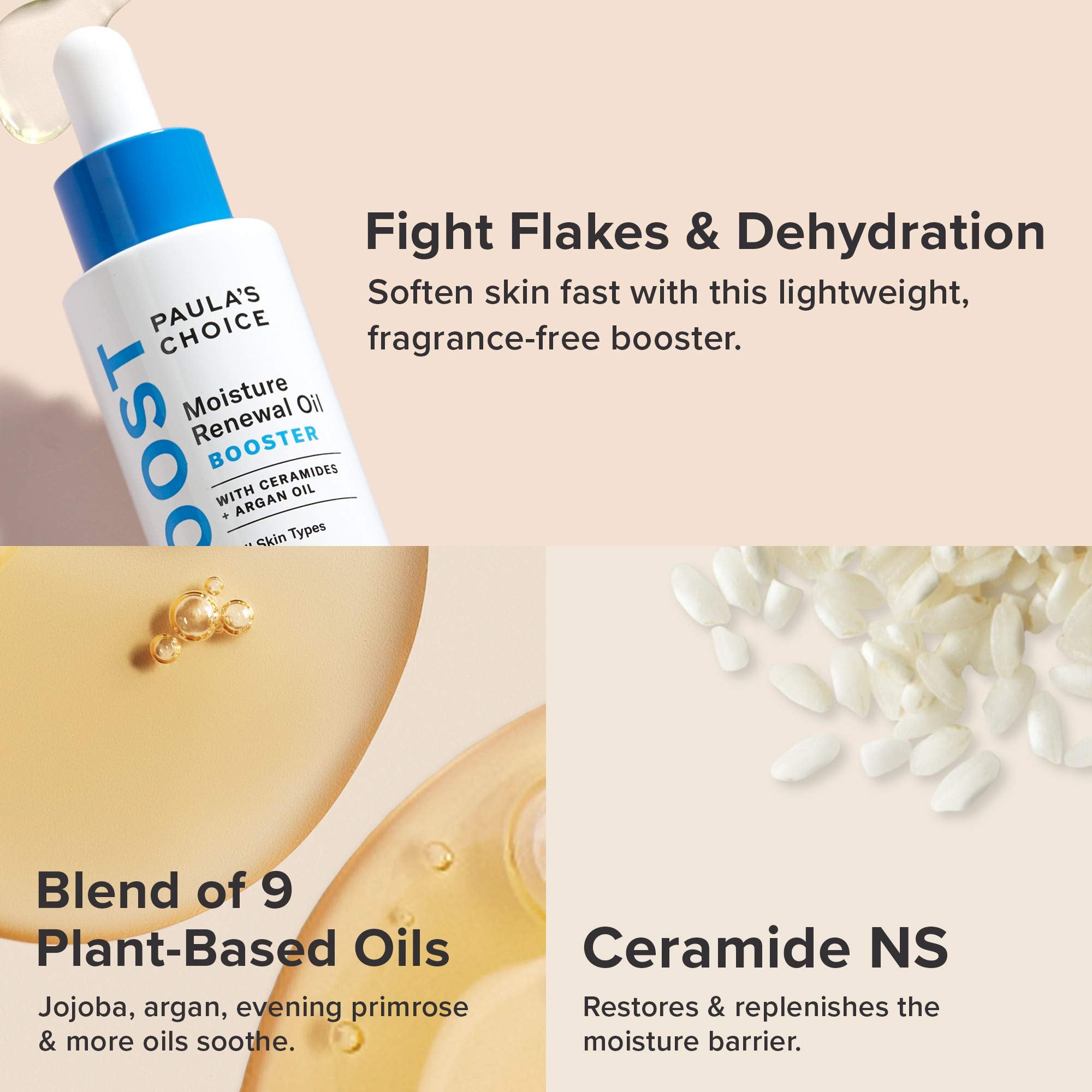 Paula's Choice Boost Moisture Renewal Oil Booster ingredient-list shot emphasizes argan oil and antioxidants.