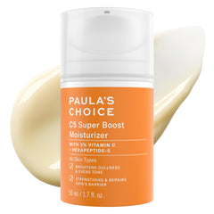 Paula's Choice C5 Super Boost bottle closeup highlights potent vitamin C for brighter skin.