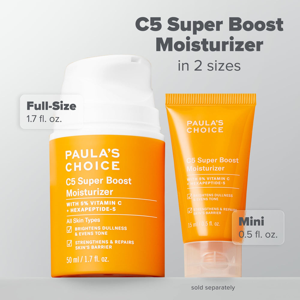 Paula's Choice C5 Super Boost peptides visual suggests skin-firming, plumping effects.
