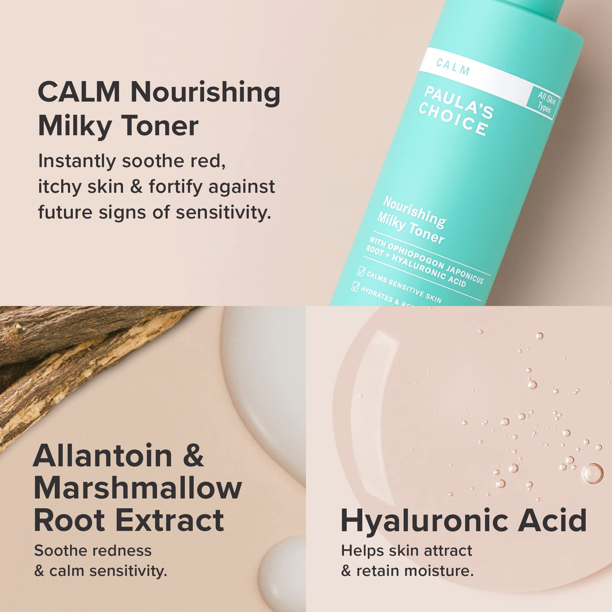 Paula's Choice Calm Milky Toner being applied demonstrates gentle patting for sensitive complexions.