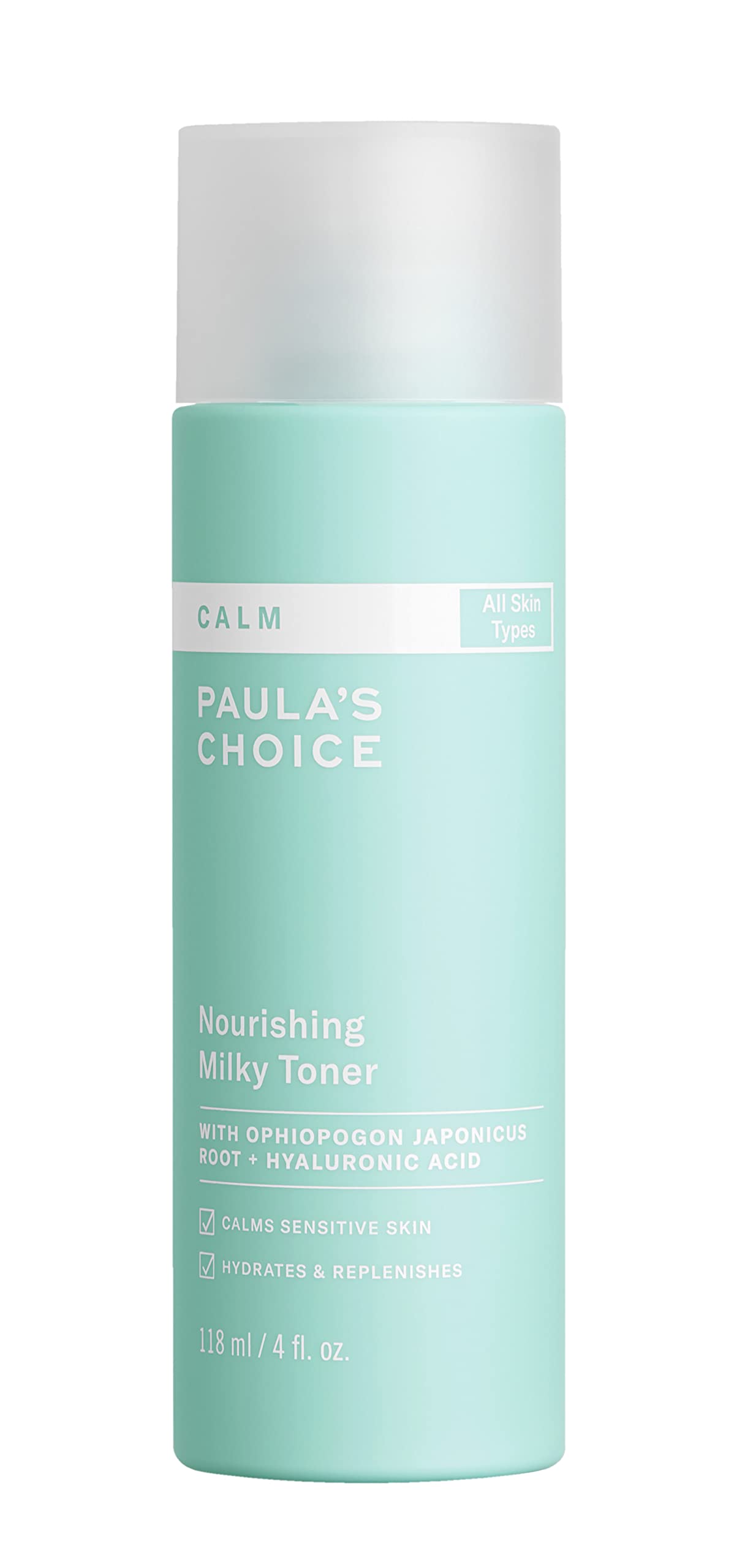Paula's Choice Calm Milky Toner bottle close-up shows fragrance-free hydration for sensitive skin.