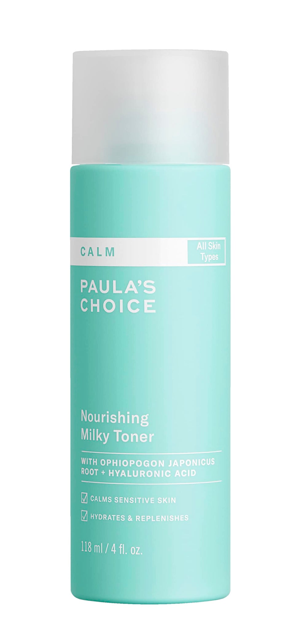Paula's Choice Calm Milky Toner bottle close-up shows fragrance-free hydration for sensitive skin.