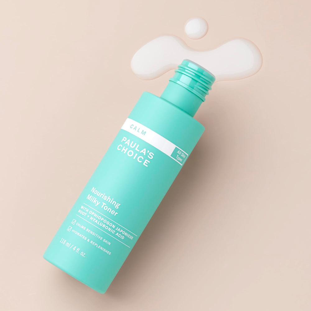 Paula's Choice Calm Milky Toner swirl reveals creamy texture delivering lightweight hydration and redness relief.