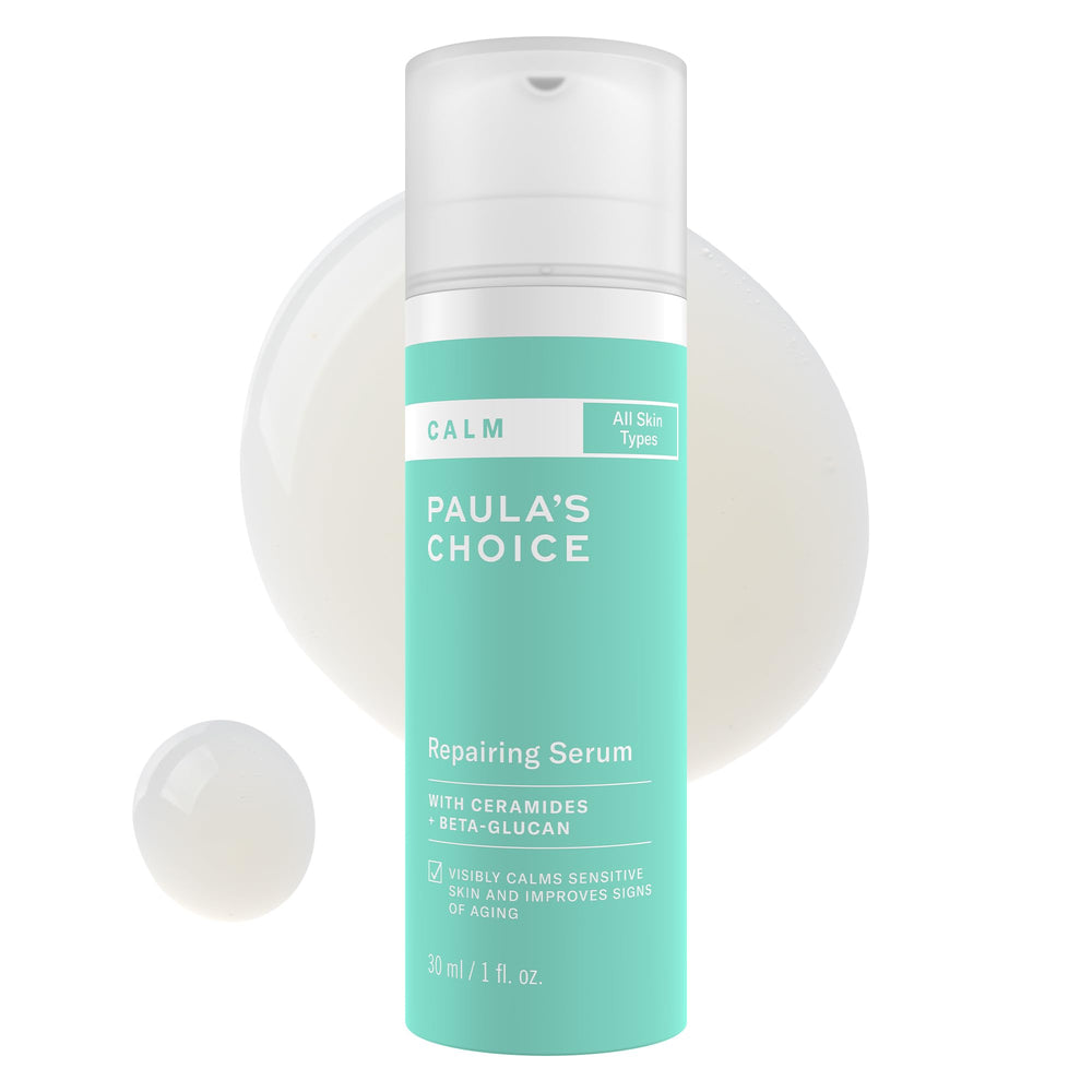 Paula's Choice Calm Repairing Serum bottle close-up highlighting soothing hydration.
