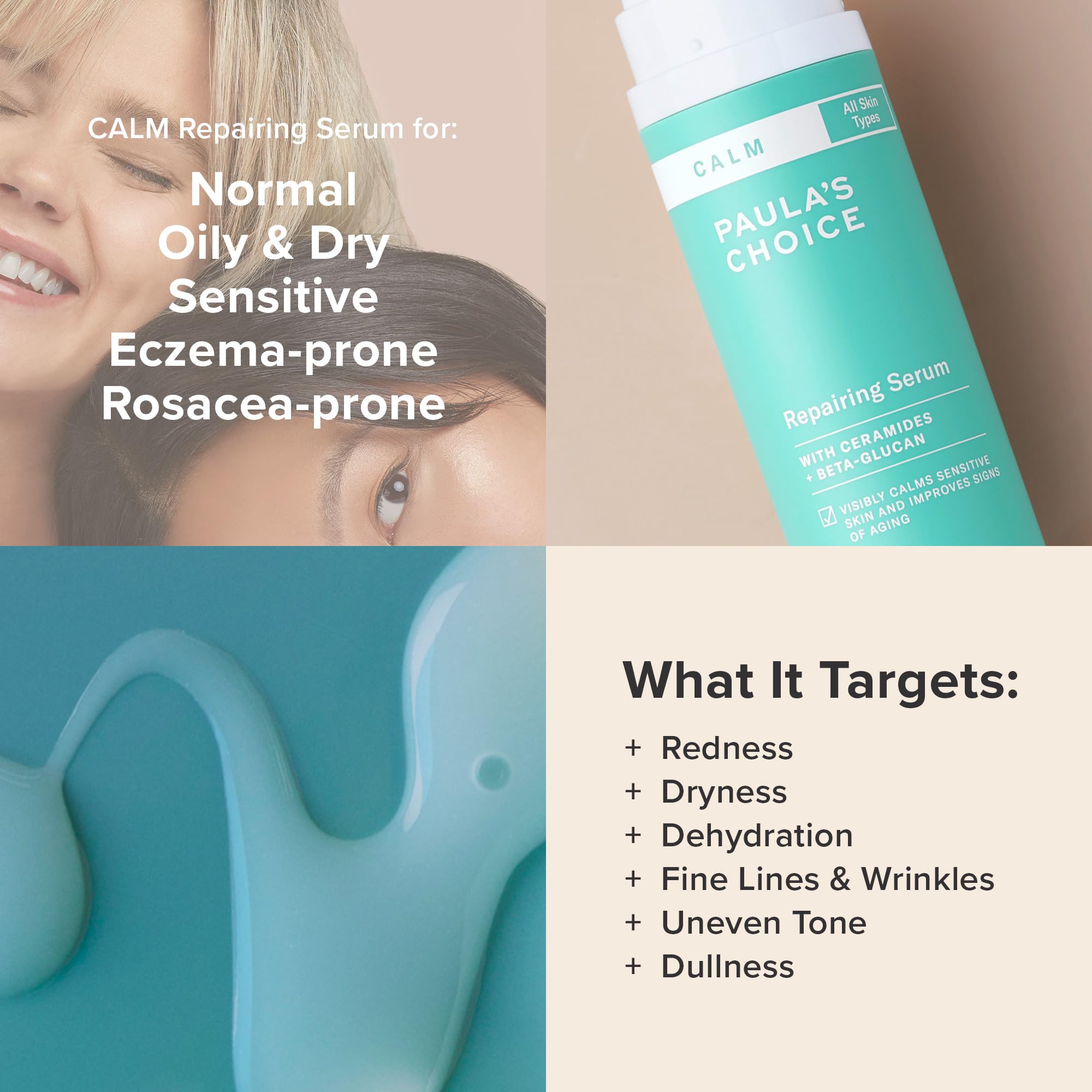 Paula's Choice Calm Serum hyaluronic acid drop emphasizing hydration benefits.