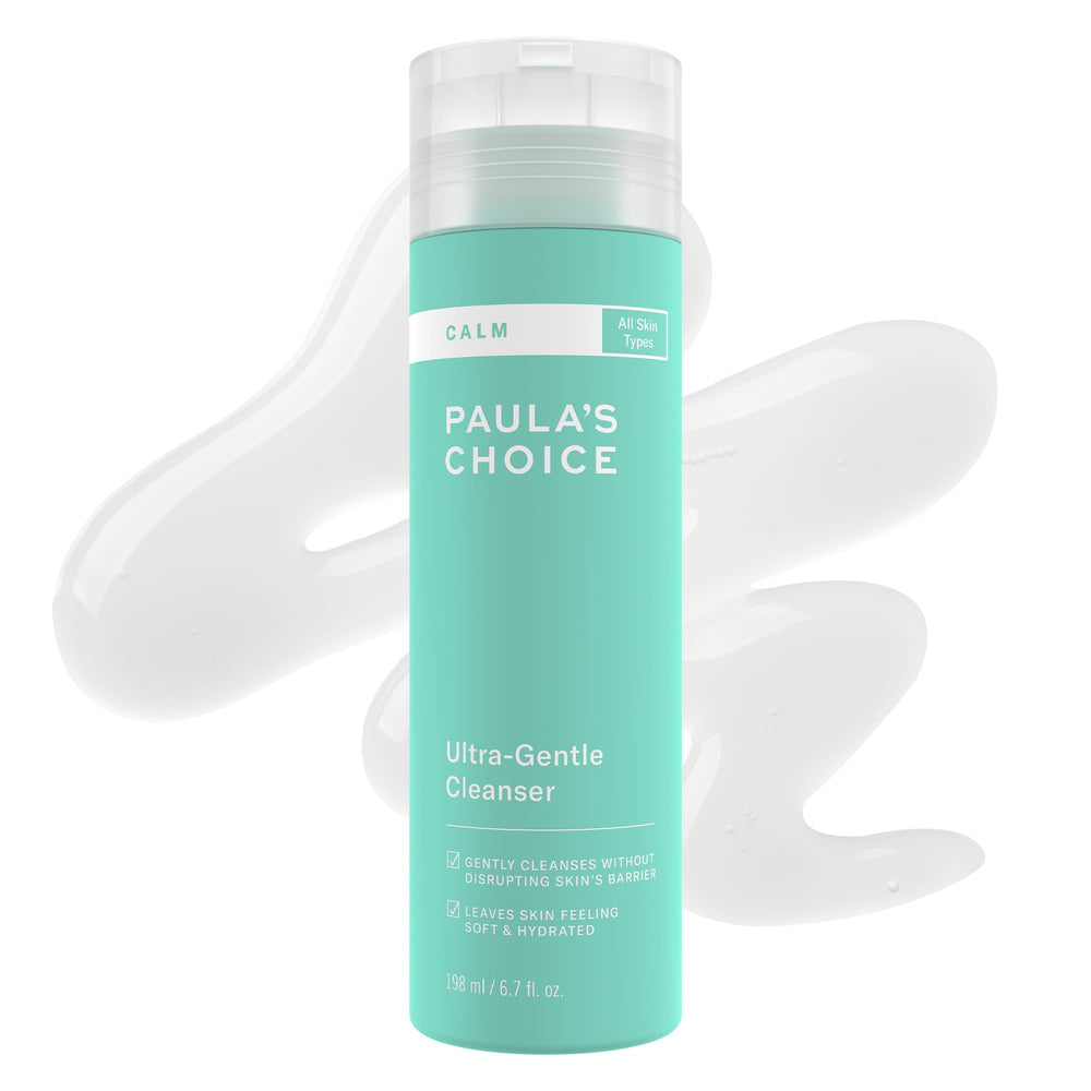Paula's Choice CALM Ultra-Gentle Cleanser bottle demonstrating fragrance-free soothing cleanse for sensitive skin.
