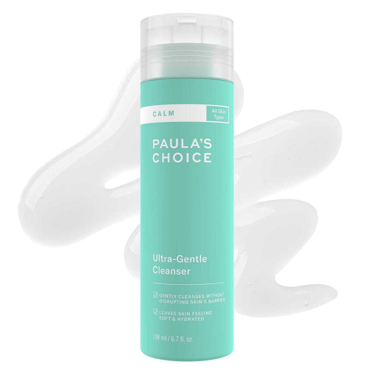 Paula's Choice CALM Ultra-Gentle Cleanser bottle demonstrating fragrance-free soothing cleanse for sensitive skin.