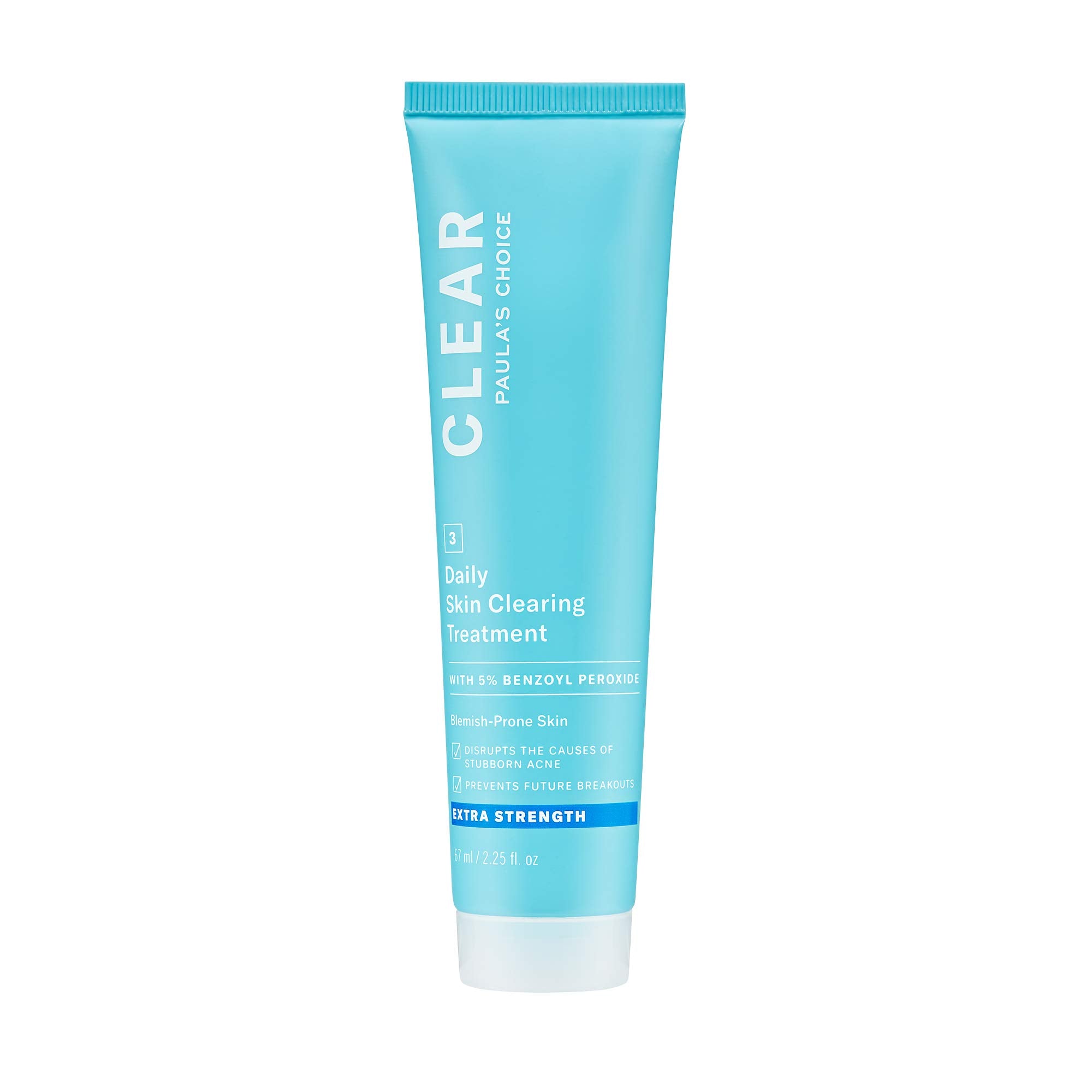 Paula's Choice CLEAR daily skin-clearing bottle shows benzoyl peroxide action for clearer skin