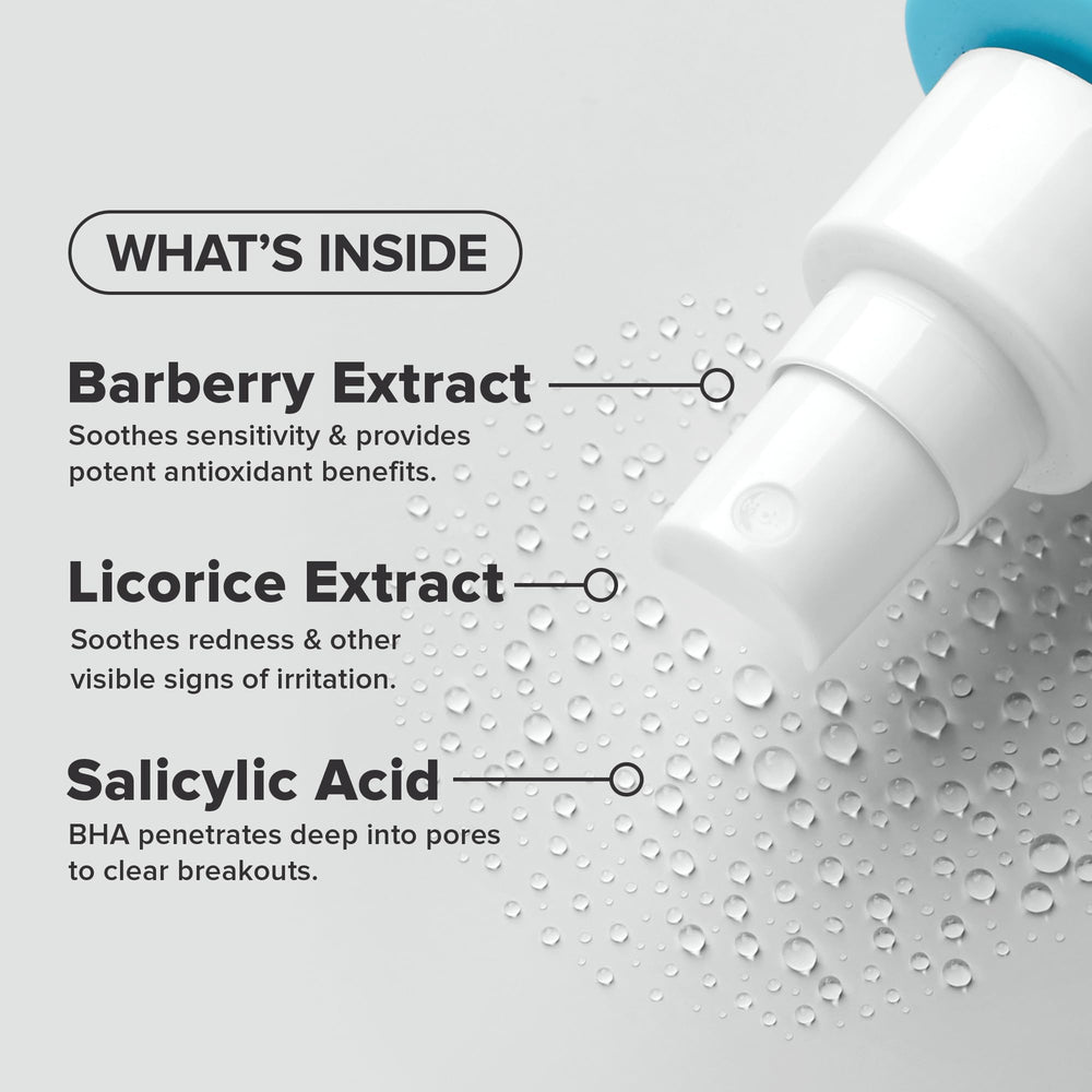 Paula's Choice CLEAR back & body spray at an angled spray, reaching back areas.