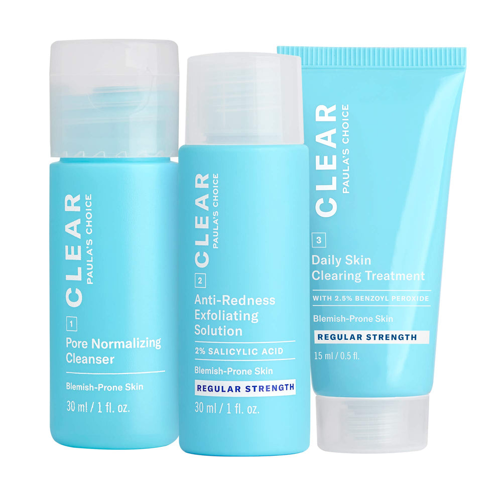 Paula's Choice Clear Regular Strength Acne Kit bottle closeup highlights oil-control potential.
