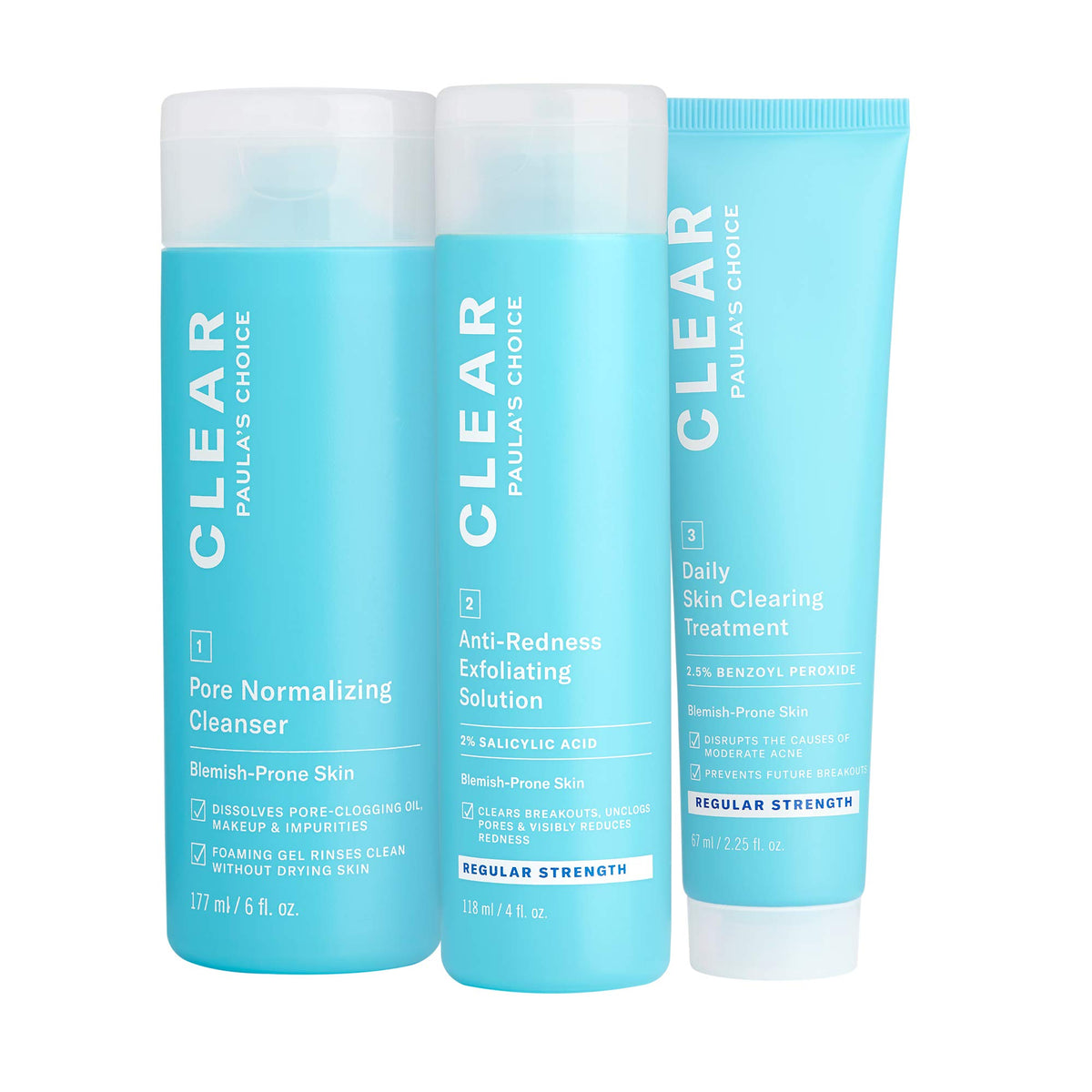 Paula's Choice CLEAR kit packaging close-up for a three-step acne routine.