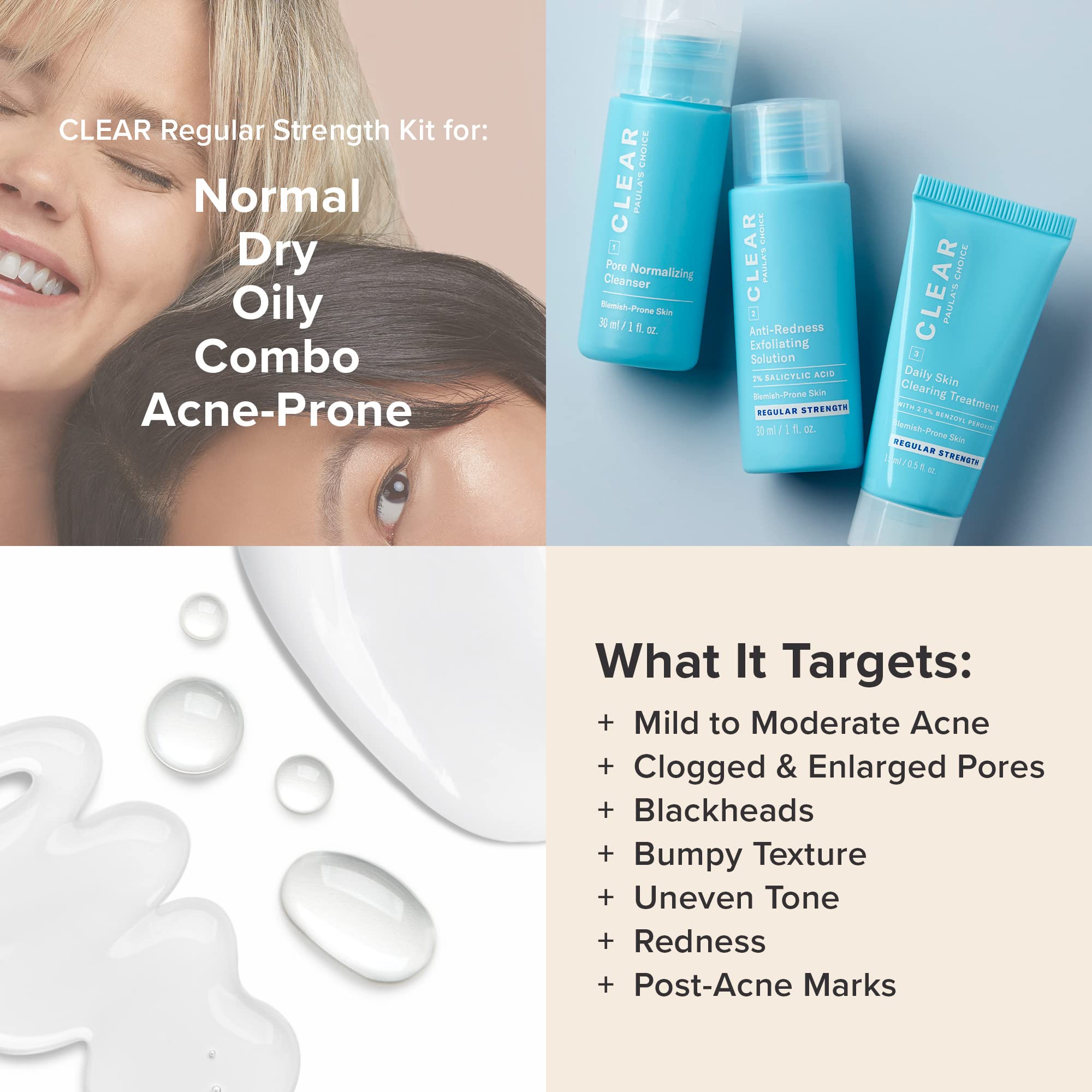 Paula's Choice Clear Regular Strength Acne Kit step 3 treatment image supports blemish care.